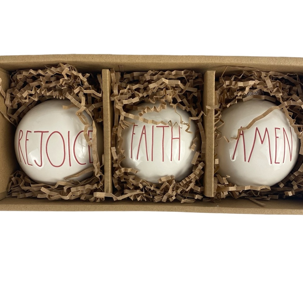 Rae Dunn Set of 3 REJOICE FAITH AMEN Christmas Ball Ornaments NEW